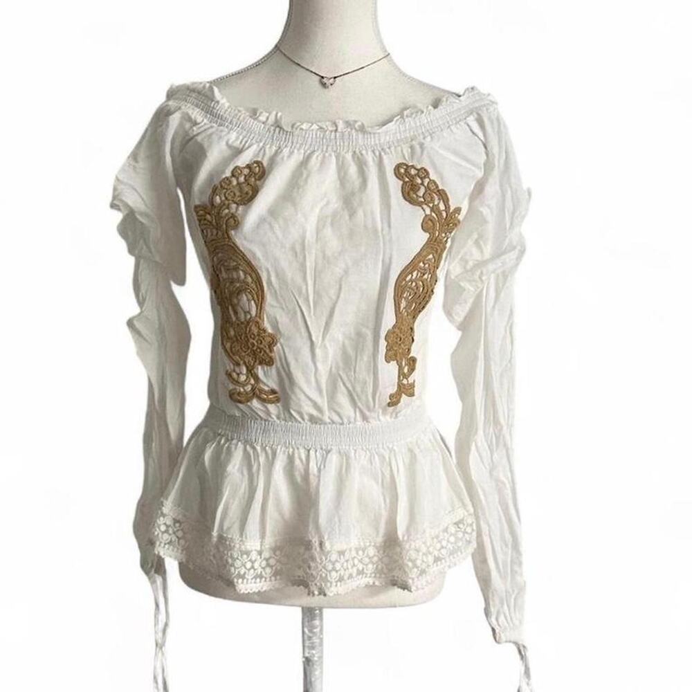 Cottage Core Boho Coquette White Off the shoulder embroidered 100%cotton size XS